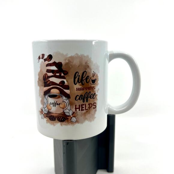 Brown & White Gnome Coffee Cup 'Life Happens..Coffee Helps' Coffee Lover Gift - Picture 5 of 6